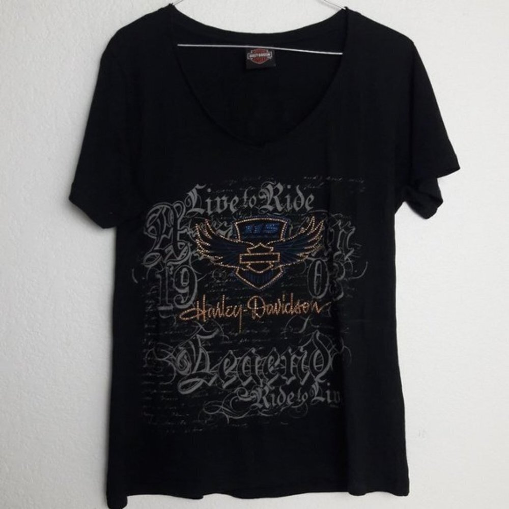 Harley Davidson Tee T-Shirt Lawless Live to Ride Renton, WA M Medium Embellished